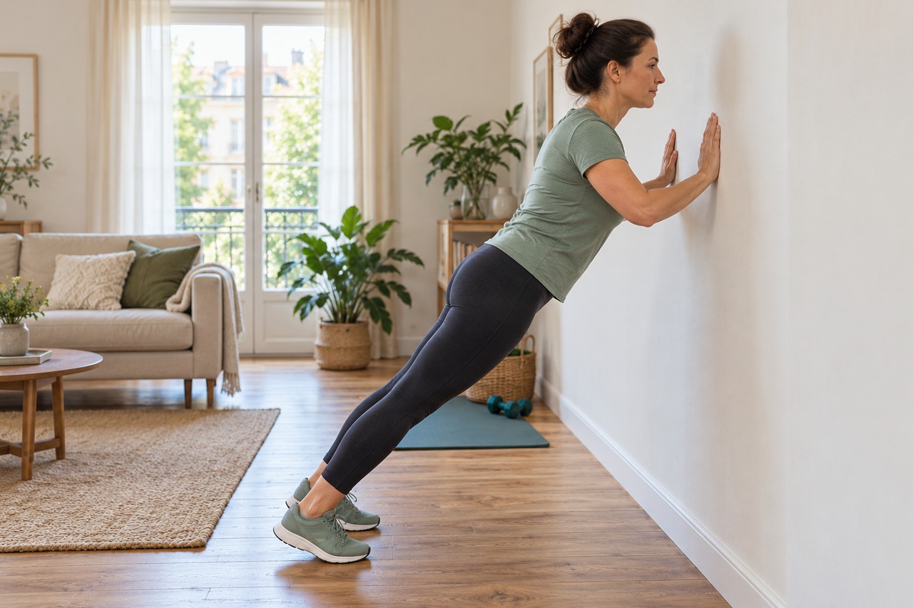Renforcement musculaire pour débutante à la maison Femme adulte réalisant une pompe contre un mur dans son salon.