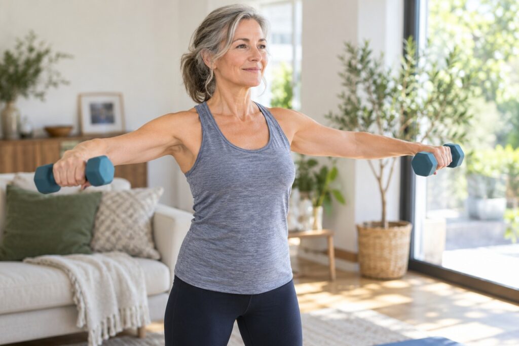 Femme aux cheveux grisonnants réalisant un exercice de renforcement avec des haltères à la maison.