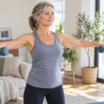 Femme aux cheveux grisonnants réalisant un exercice de renforcement avec des haltères à la maison.