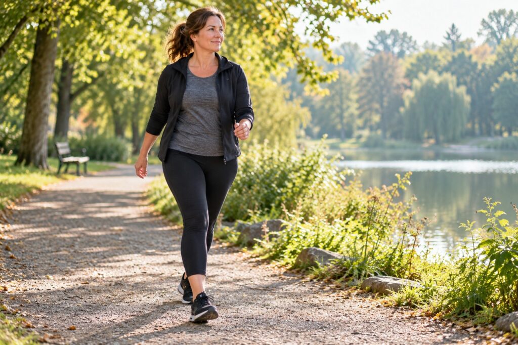 Femme adulte en tenue sportive marchant sur un chemin de parc.