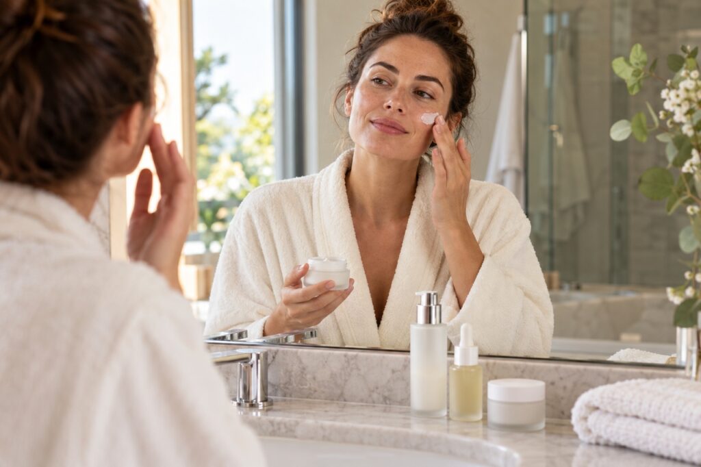 Femme adulte appliquant une crème sur sa joue devant un miroir, avec trois flacons de soin sur le plan de toilette.
