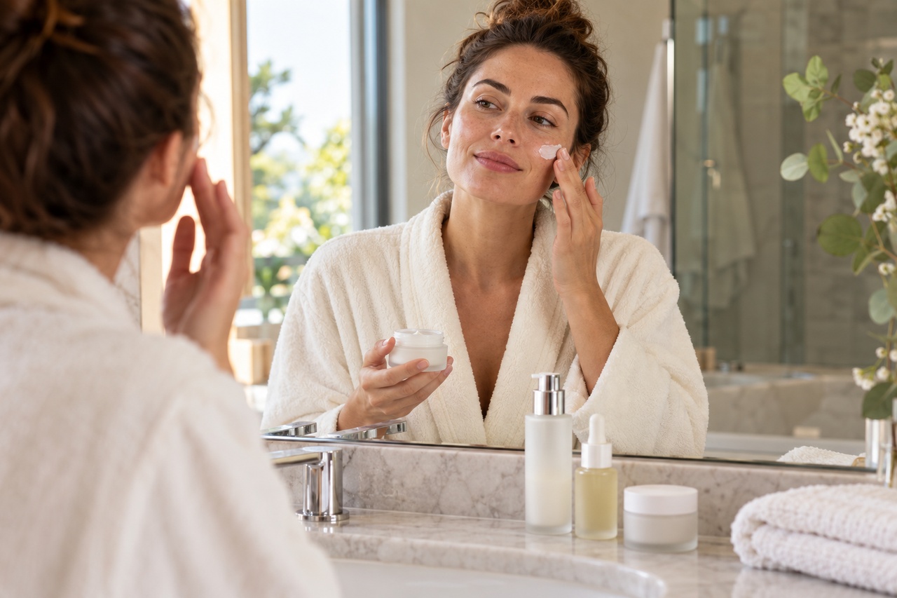 Femme adulte appliquant une crème sur sa joue devant un miroir, avec trois flacons de soin sur le plan de toilette.