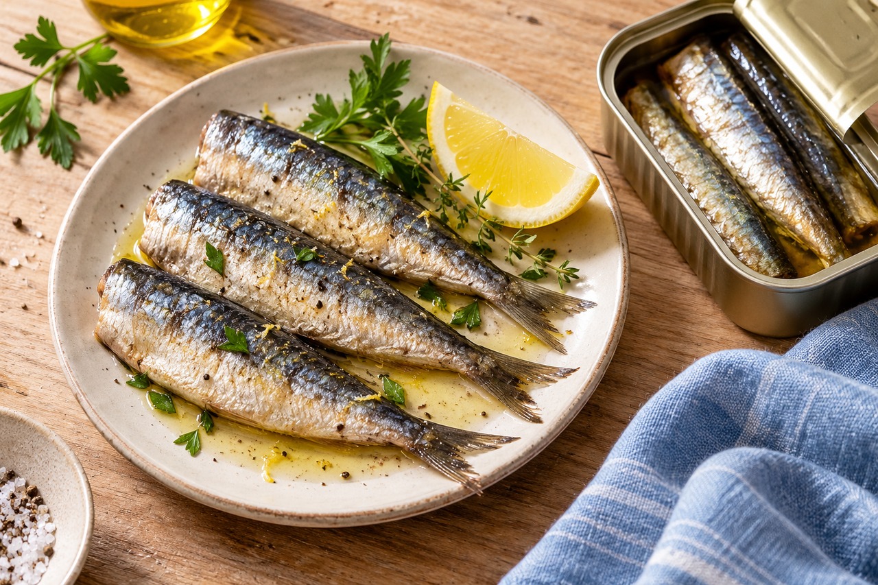 Sardines avec citron et herbes dans une assiette.