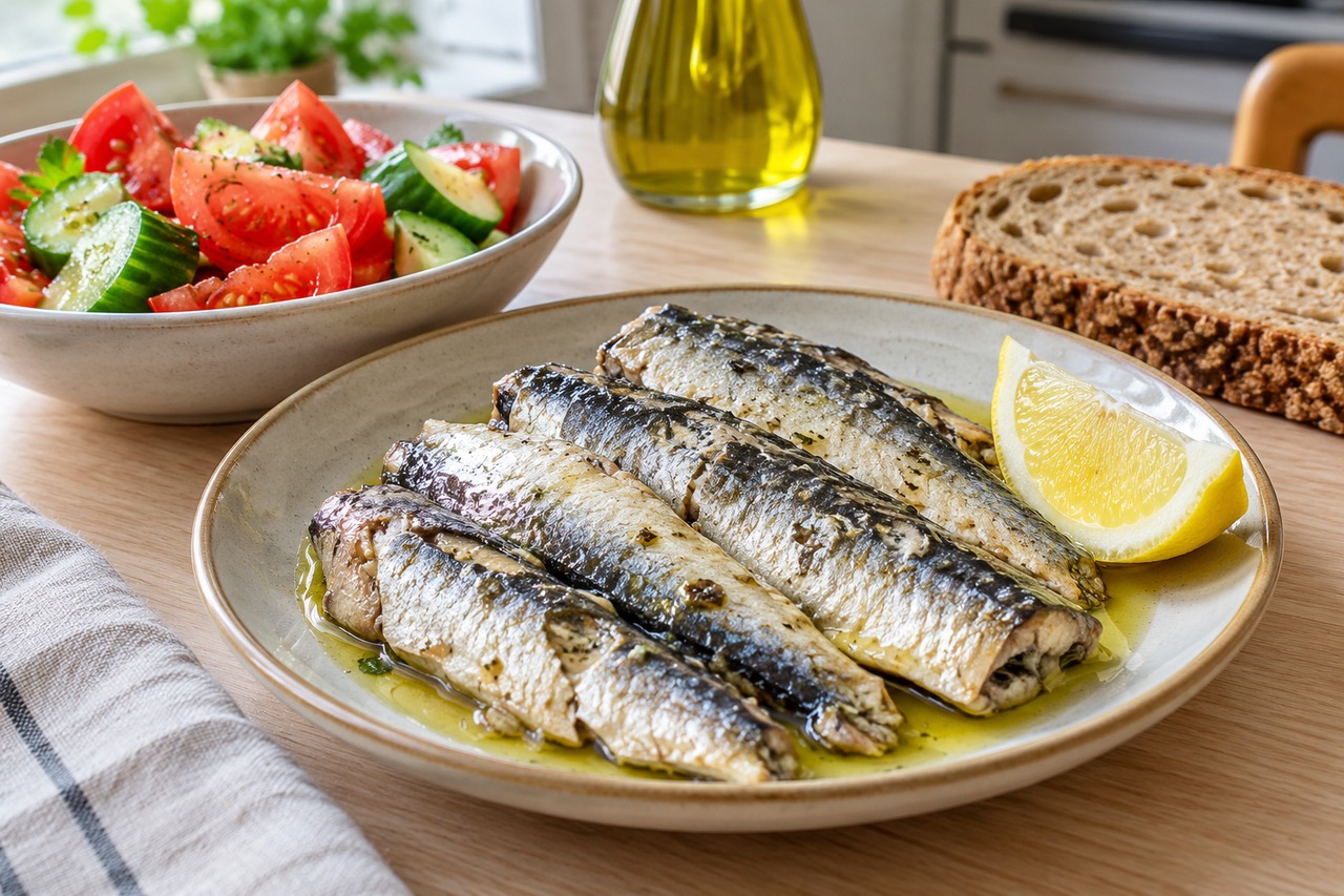 Sardines accompagnées de légumes et de pain complet.