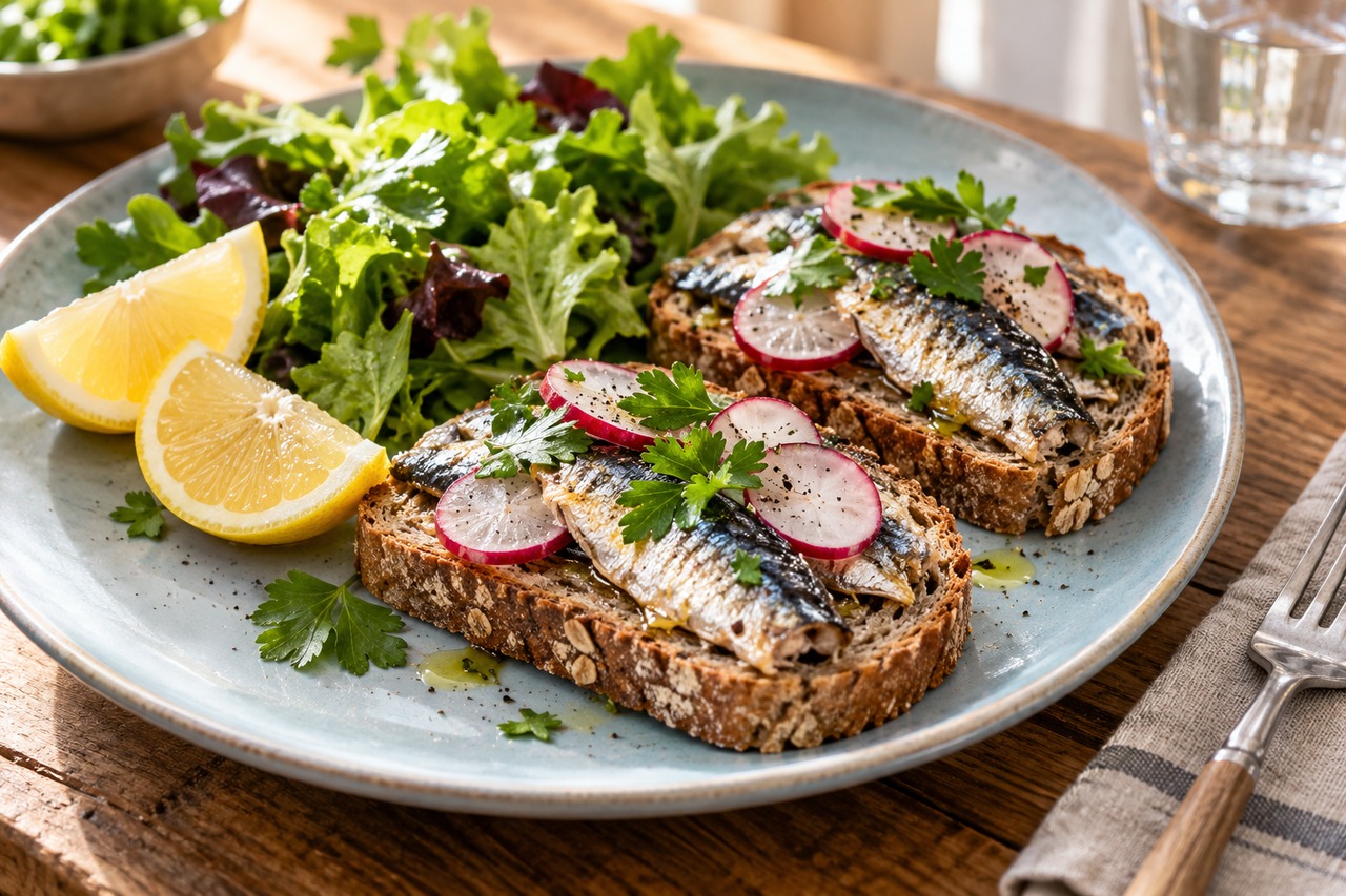 Tartines de sardines aux radis et au persil.