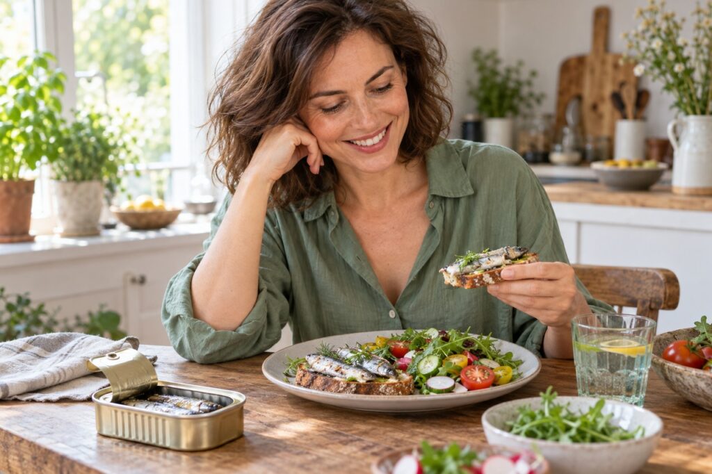 Une femme adulte apprécie un repas de sardines et de légumes dans sa cuisine.