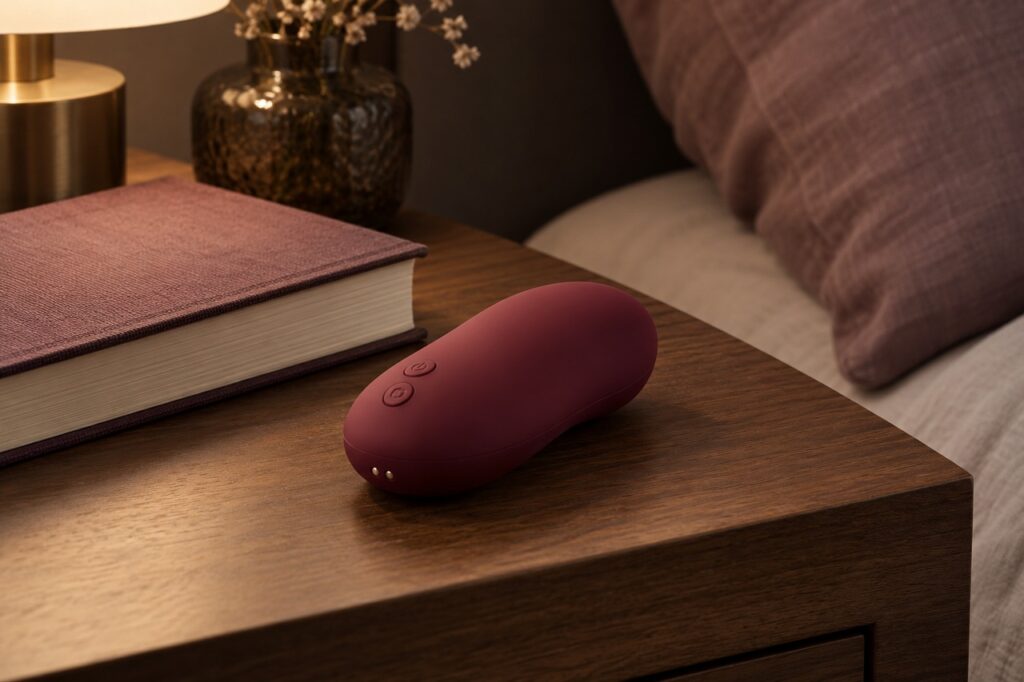 Petit accessoire intime bordeaux à forme arrondie sur une table de chevet.