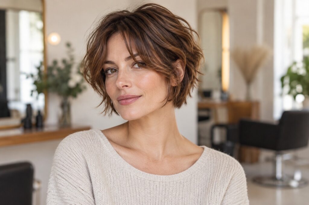 Femme aux cheveux châtains portant un shag court souple avec frange rideau.