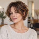 Femme aux cheveux châtains portant un shag court souple avec frange rideau.