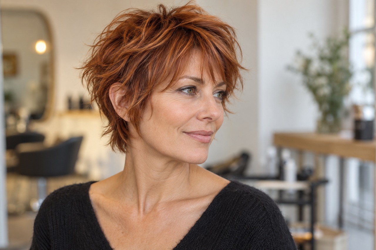 Femme aux cheveux cuivrés avec un shag court très dégradé et une frange courte.
