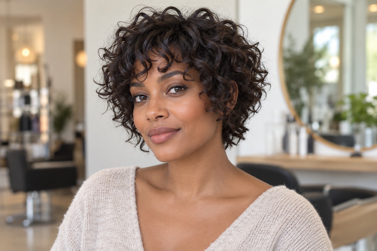 Femme noire portant un shag court bouclé avec une frange naturelle.
