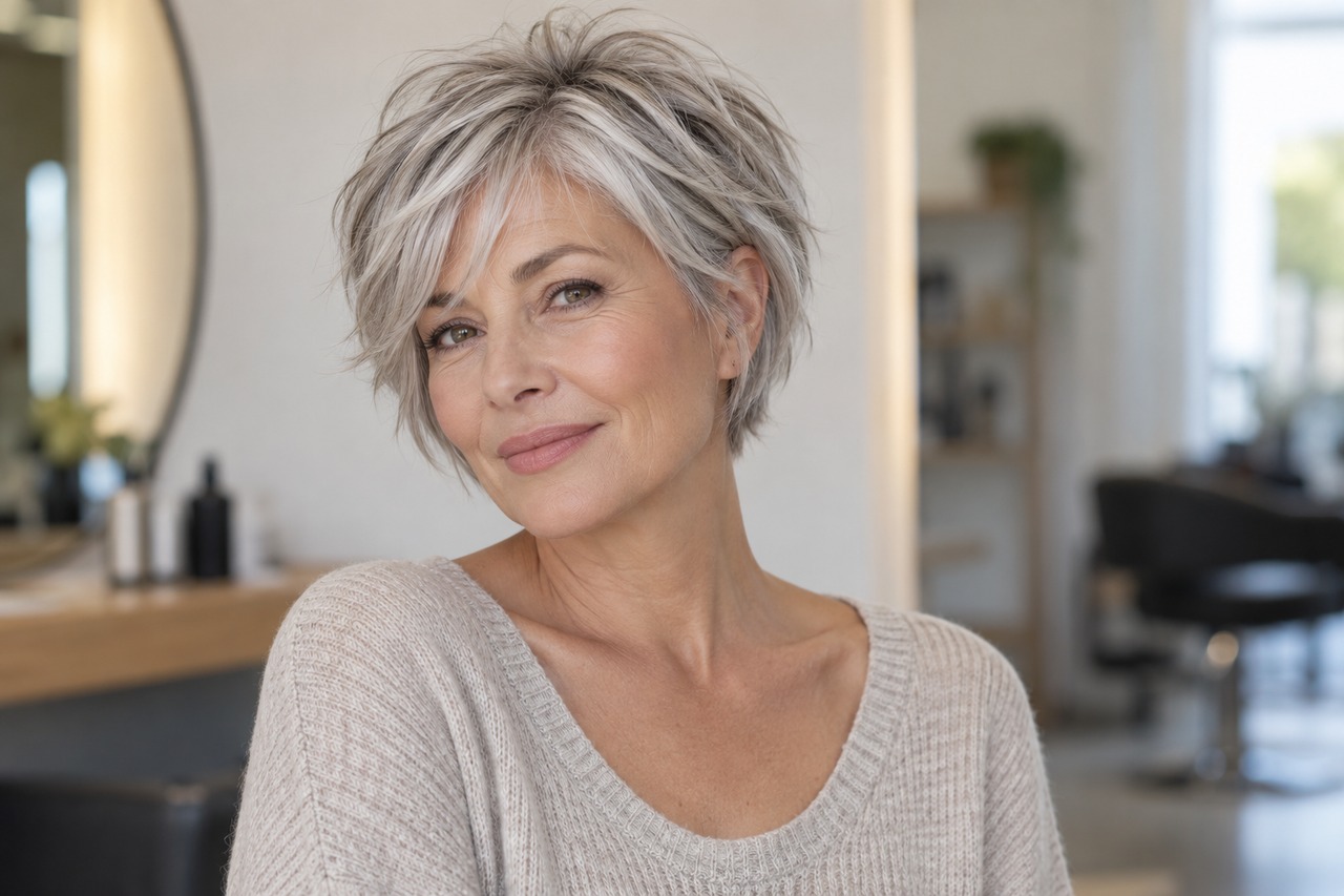 Femme aux cheveux gris avec un shag court discret et une mèche latérale.