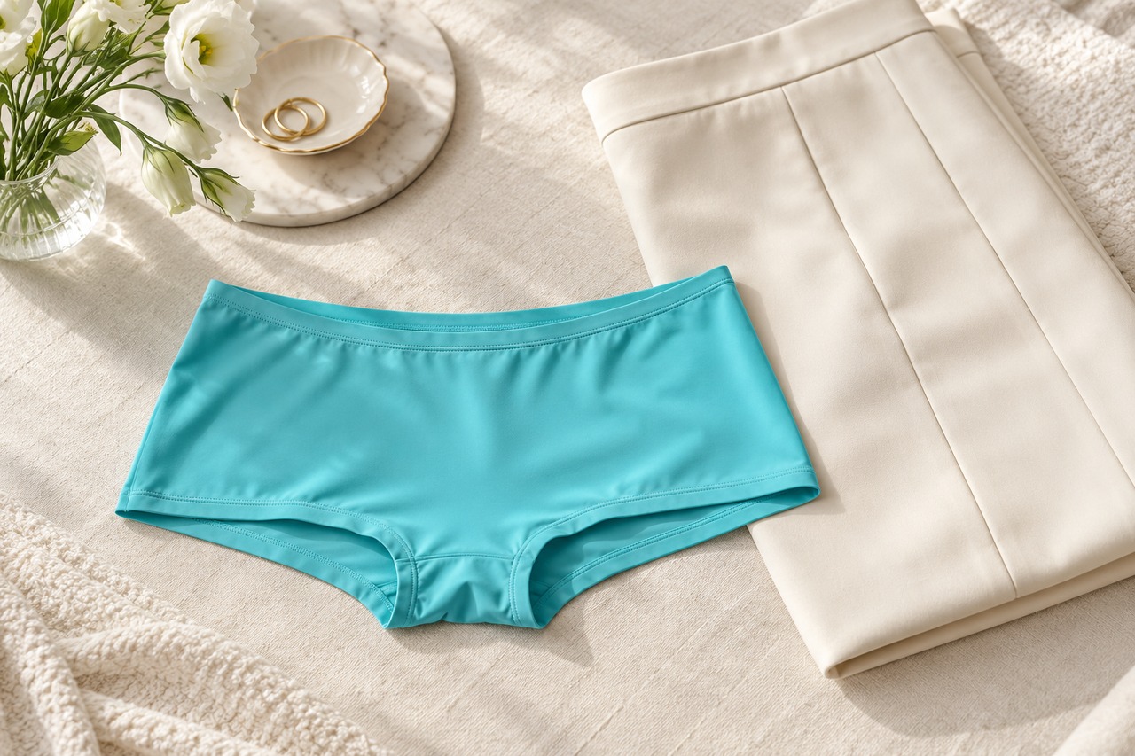 Shorty turquoise à tissu lisse près de la jupe claire.