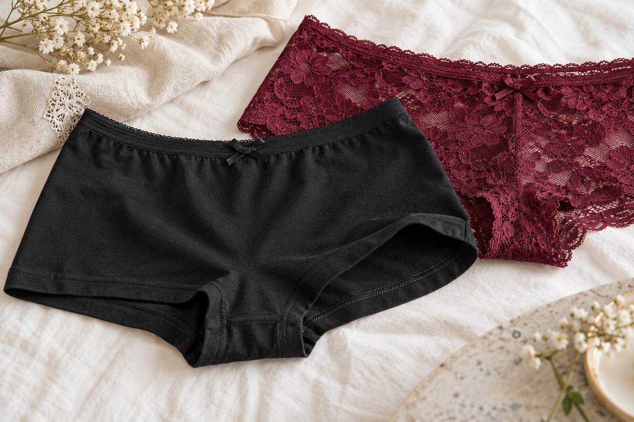 Détails des finitions du shorty noir et de la dentelle bordeaux.