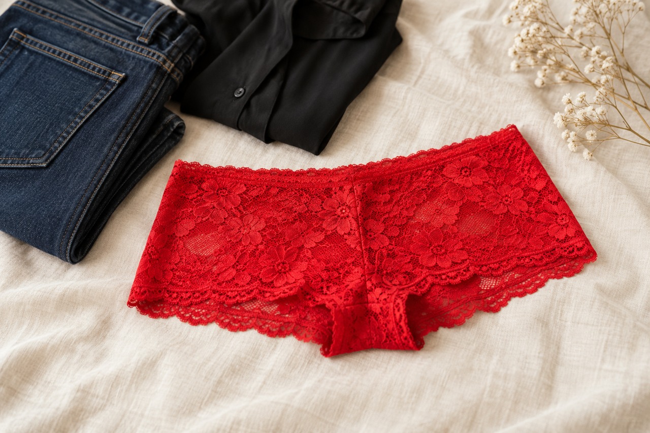 Shorty rouge en dentelle près du jean et de la chemise noire.