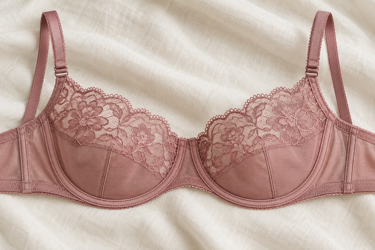 Détail des bonnets cousus et de la dentelle sur un soutien-gorge rose.