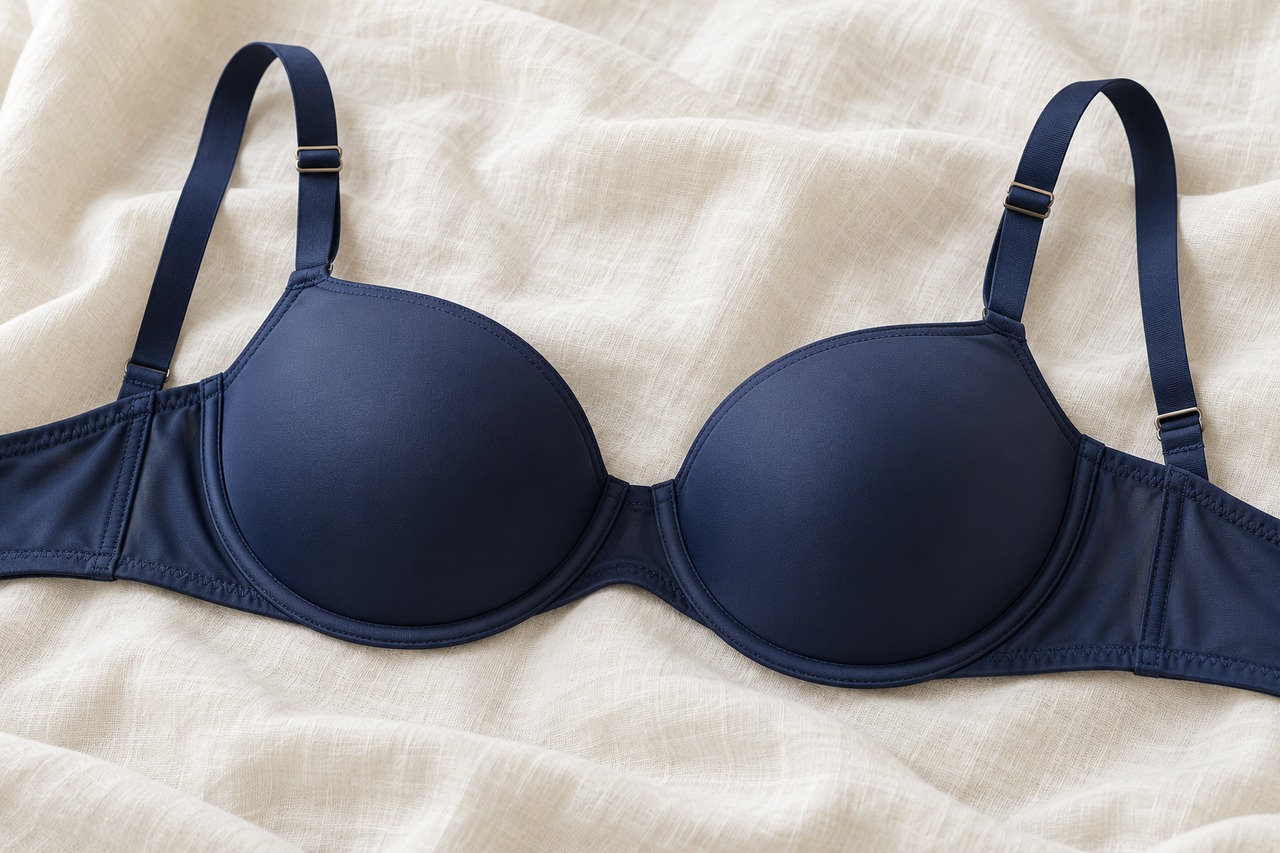 Soutien-gorge bleu à bonnets lisses avec armatures et bretelles réglables.