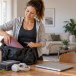 Femme en tenue sportive préparant son sac de sport à côté d’un ordinateur fermé.
