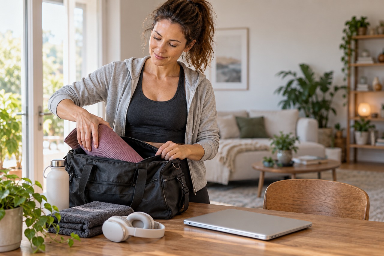 Femme en tenue sportive préparant son sac de sport à côté d’un ordinateur fermé.