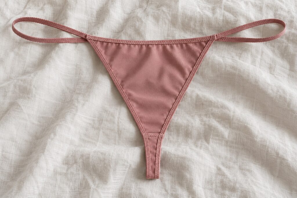 String ficelle rose présenté à plat sur du lin clair.