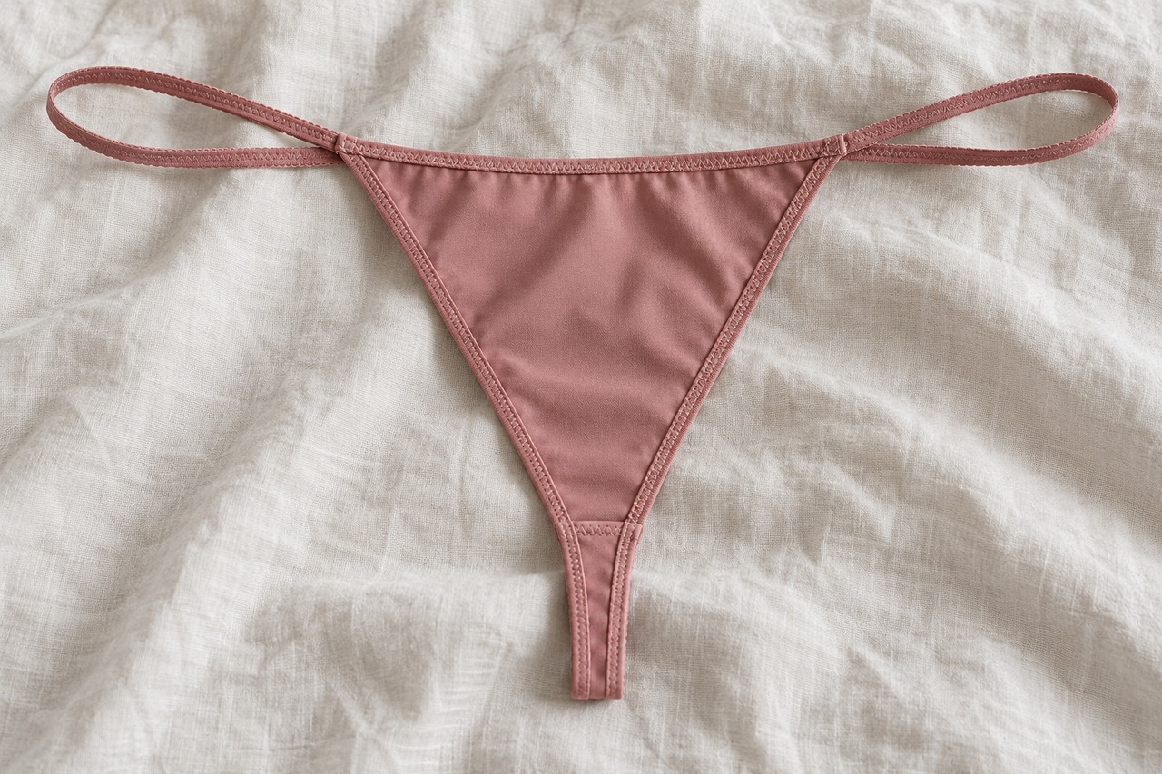 String ficelle rose présenté à plat sur du lin clair.