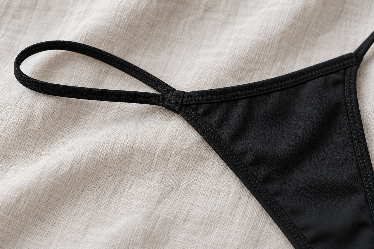 Détail de la bande latérale et de la couture du string noir.