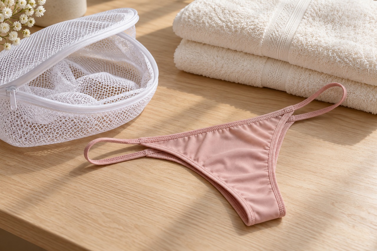 String rose placé près du filet de lavage et de serviettes propres.