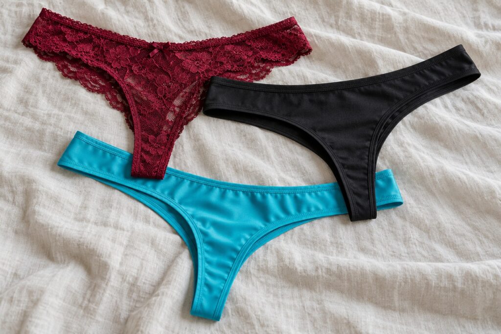 Strings bordeaux, noir et turquoise présentés sur du lin clair.