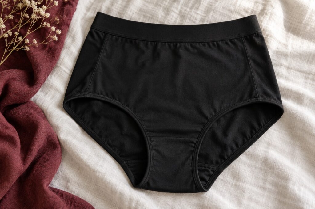 Culotte taille haute noire en coton présentée sur du lin clair.