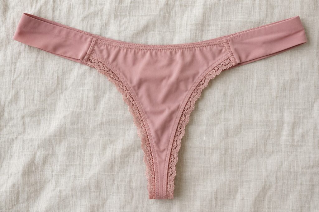 Tanga rose présenté à plat sur du lin clair.