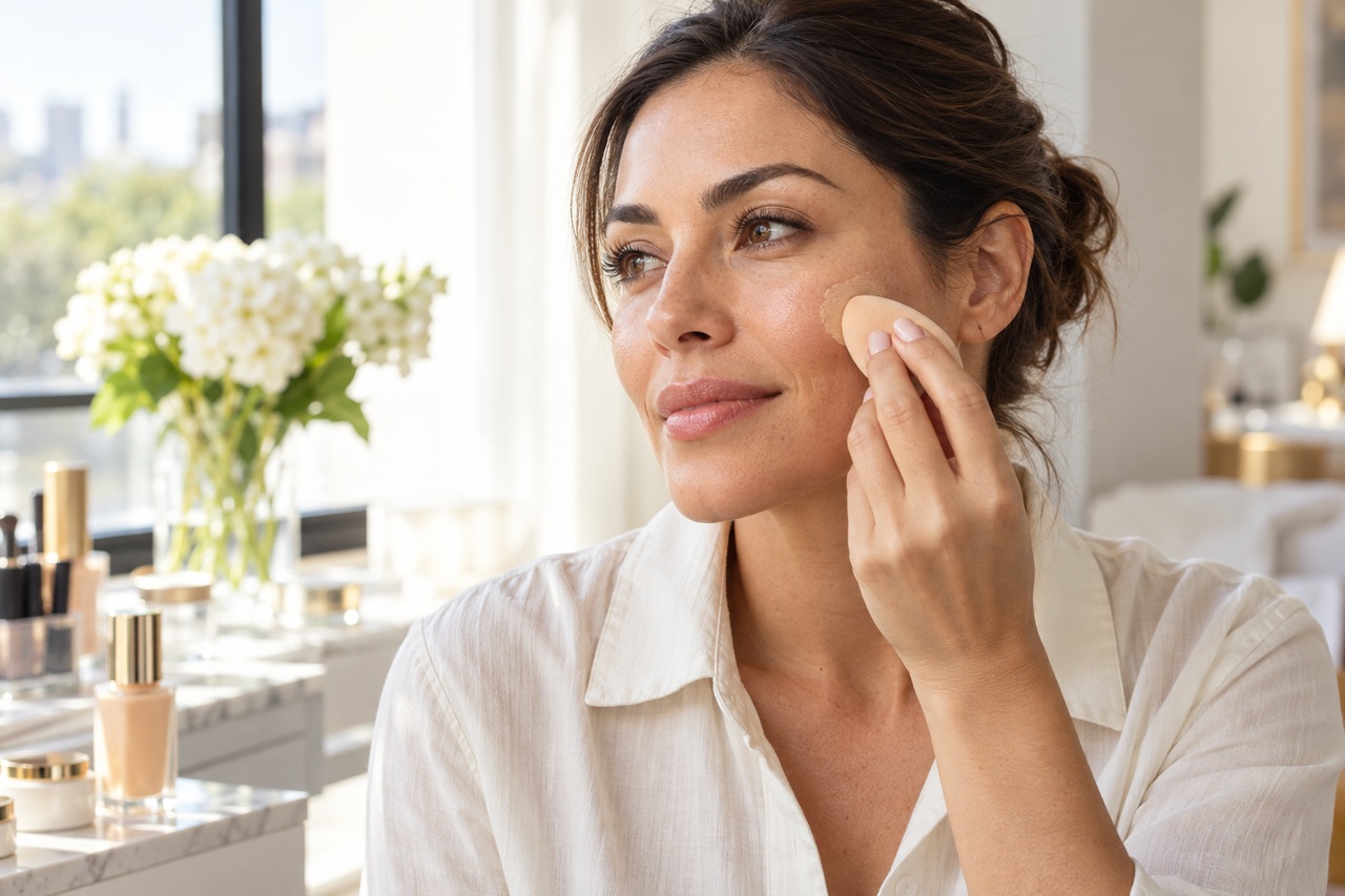 Femme appliquant une petite quantité de fond de teint sur sa joue avec une éponge.