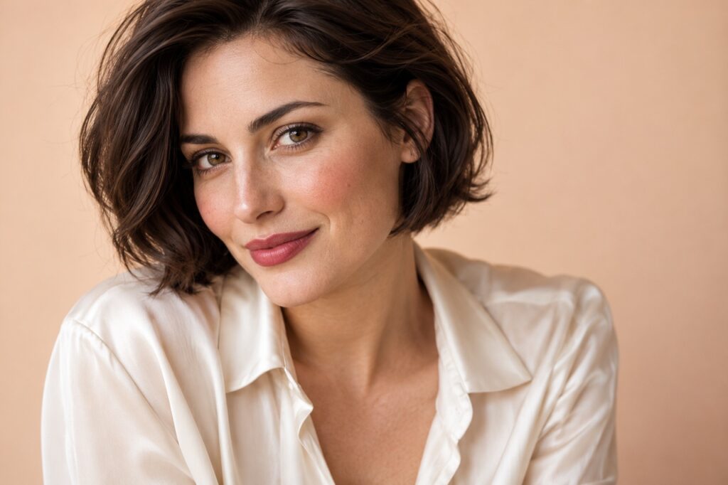 Femme au carré brun avec un teint satiné, un blush doux et des lèvres framboise.