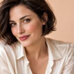 Femme au carré brun avec un teint satiné, un blush doux et des lèvres framboise.