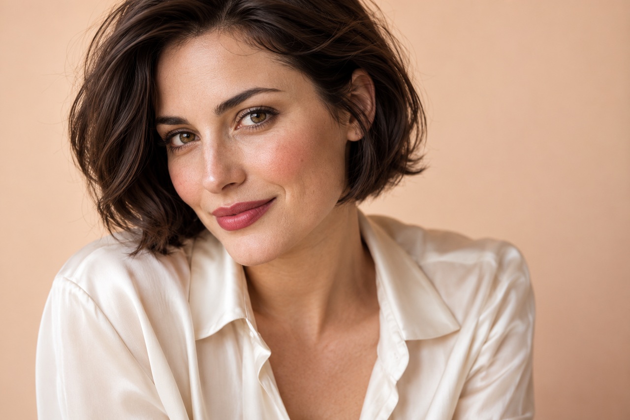 Femme au carré brun avec un teint satiné, un blush doux et des lèvres framboise.