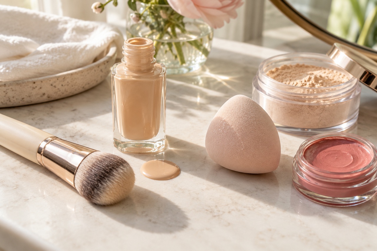 Fond de teint, poudre fine, blush crème, pinceau et éponge sur une table claire.