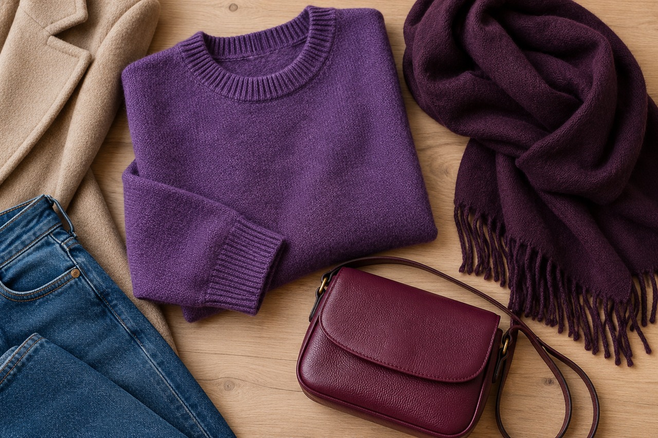 Pull violet, écharpe prune et sac pourpre auprès de basiques en denim et beige.