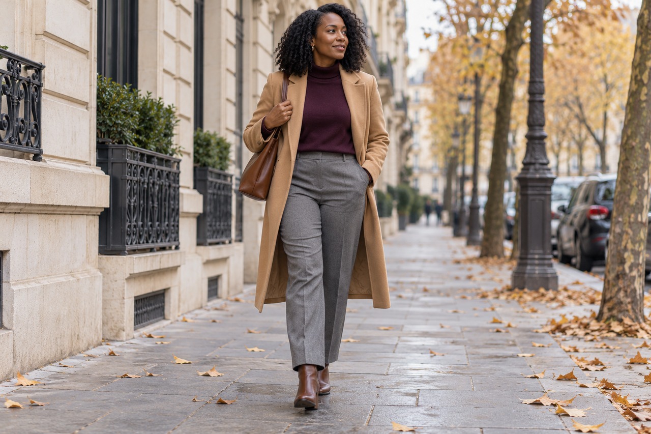 Une femme porte un pull prune avec un pantalon gris et un manteau camel.