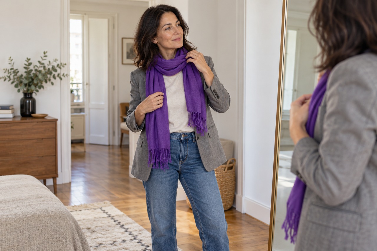 Une femme ajoute une écharpe violette à un blazer gris et un jean.