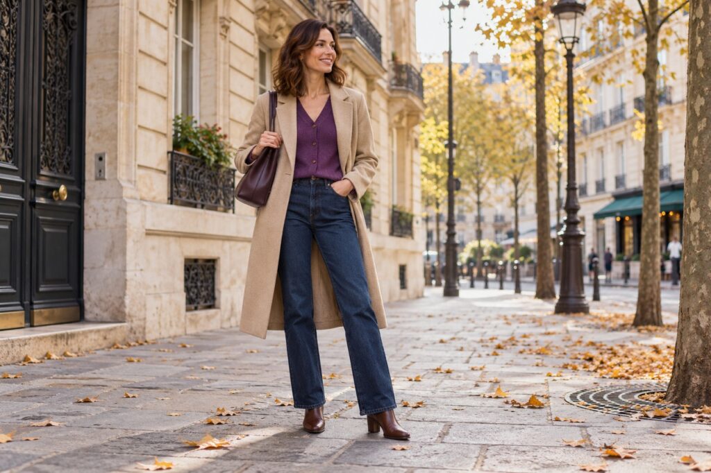 Une tenue automnale avec cardigan violet, jean brut et manteau beige.