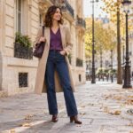 Une tenue automnale avec cardigan violet, jean brut et manteau beige.