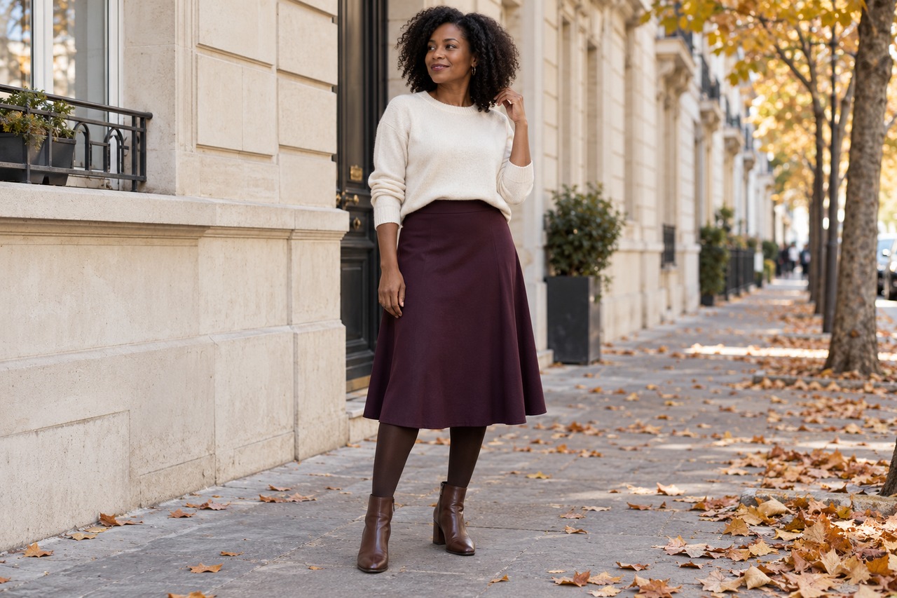 Jupe midi prune, maille écrue rentrée devant, collants sombres et bottines marron.