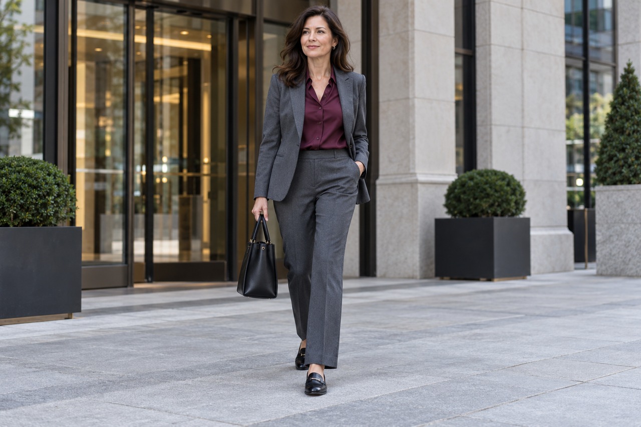 Blouse pourpre, pantalon et blazer gris, mocassins noirs et sac sobre.
