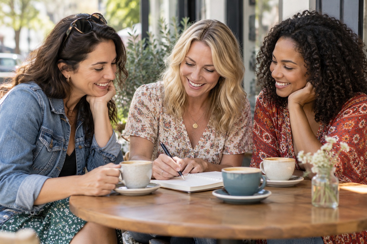 Trois amies discutant de leur week-end autour d’un carnet et de cafés.