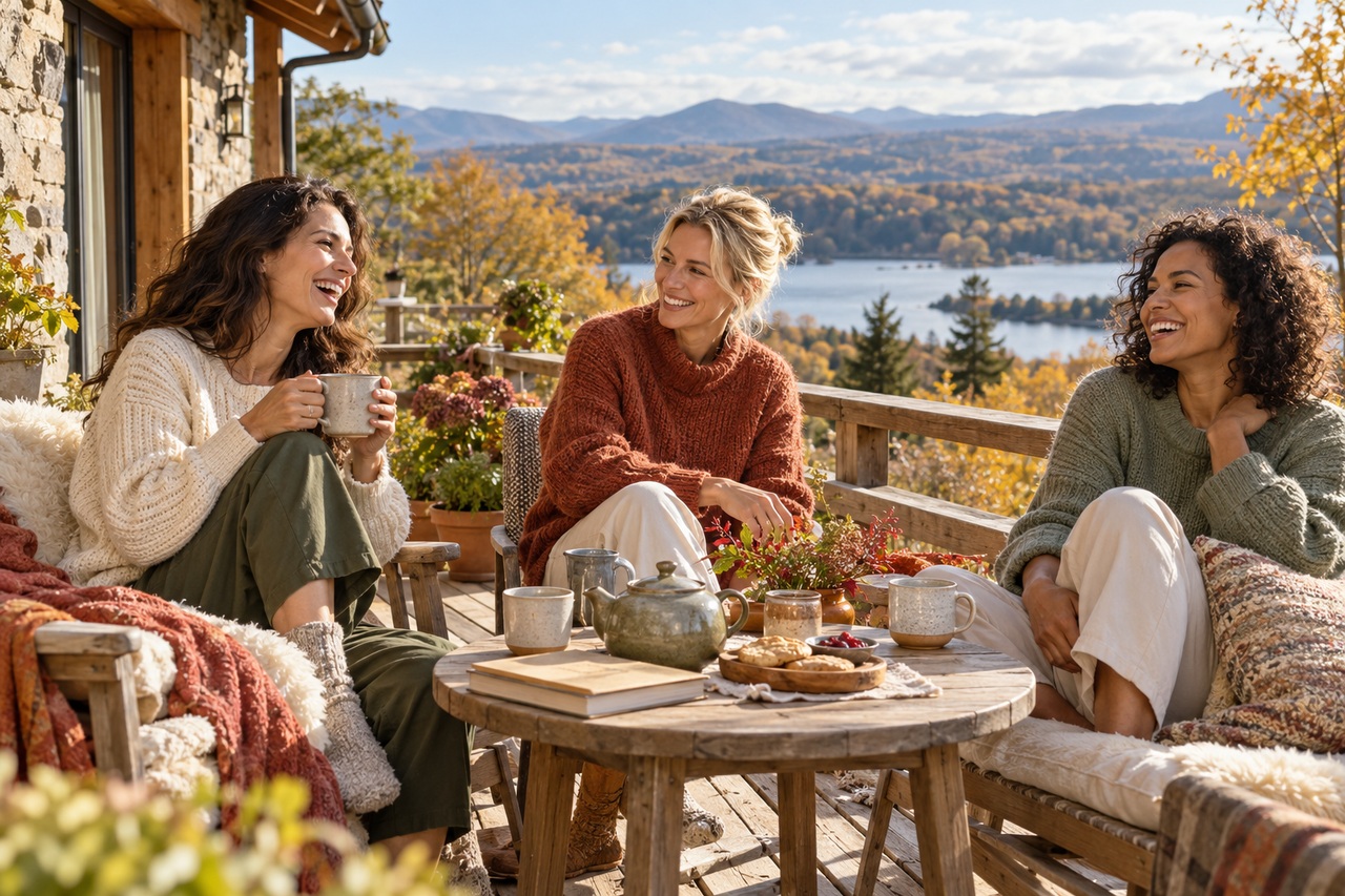 Trois amies partagent un moment tranquille sur une terrasse de campagne.