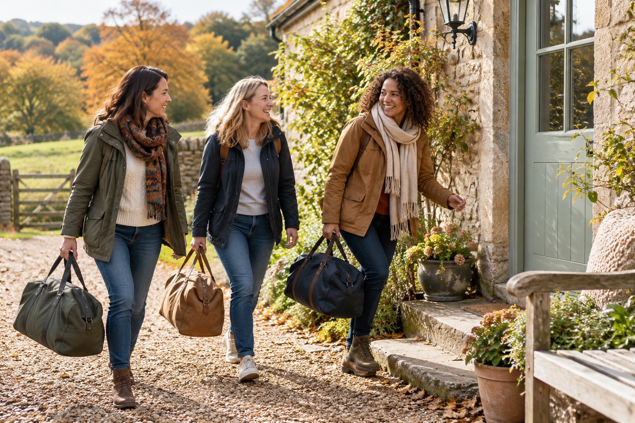 Trois amies arrivent avec leurs sacs devant une maison de campagne.