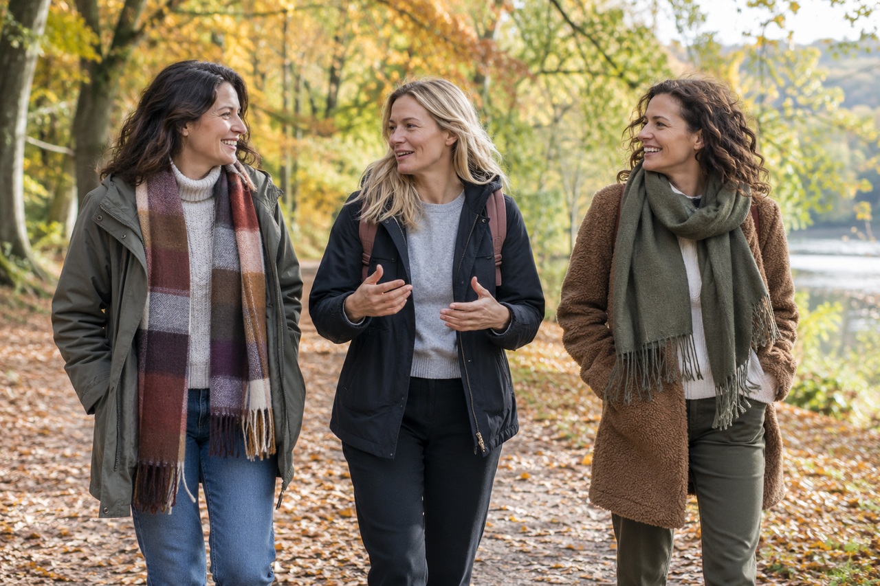 Trois amies se promènent tranquillement sur un chemin en forêt en automne.