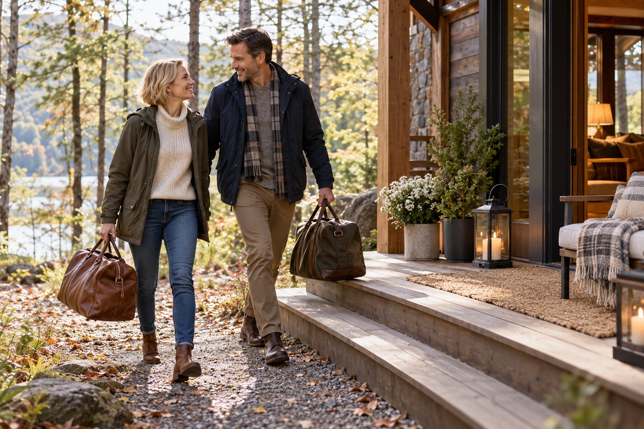 Un couple arrive avec ses sacs devant une cabane lumineuse.
