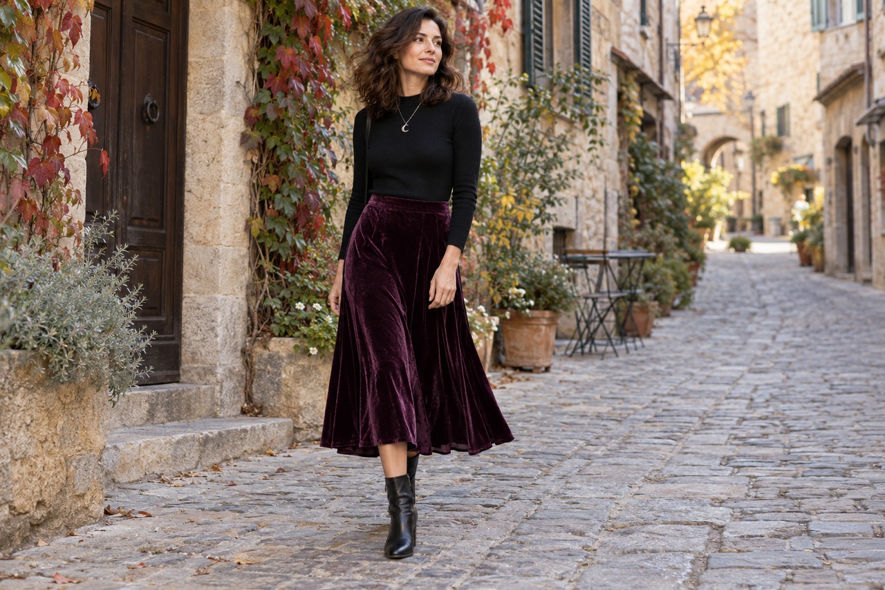 Femme portant une jupe midi prune en velours avec un haut noir et des bottines.