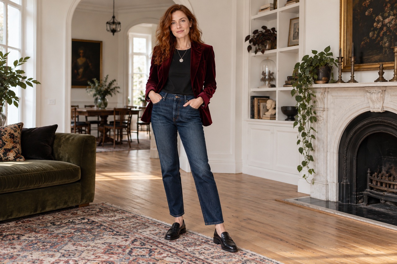 Femme en veste de velours bordeaux, tee-shirt noir et jean droit.