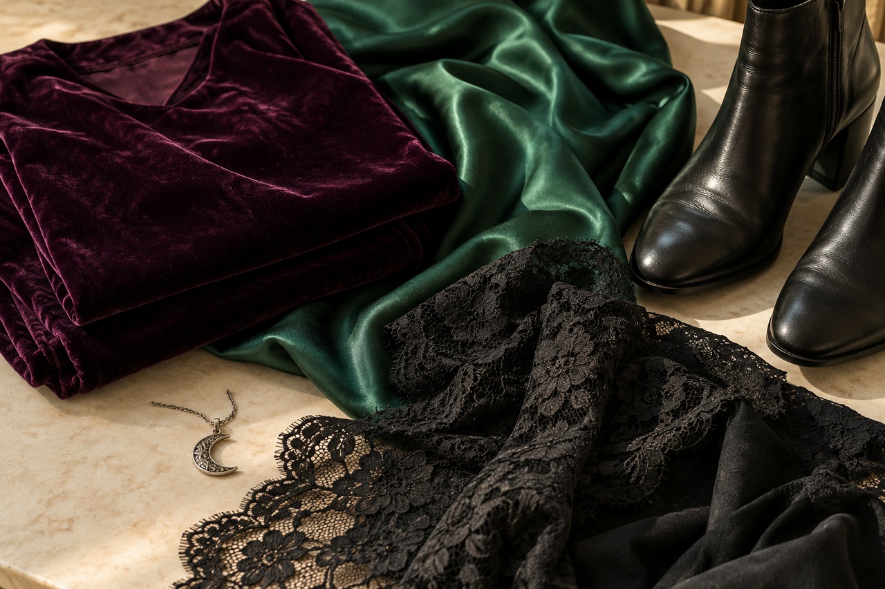 Velours prune, satin vert forêt, dentelle noire et pendentif argenté.